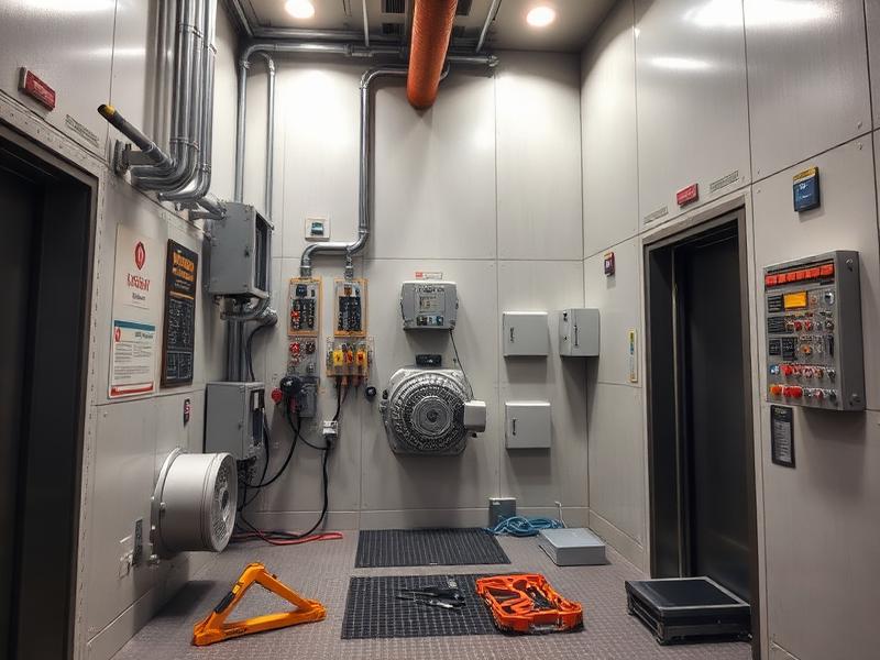 Elevator machine room with traction motor and control cabinets