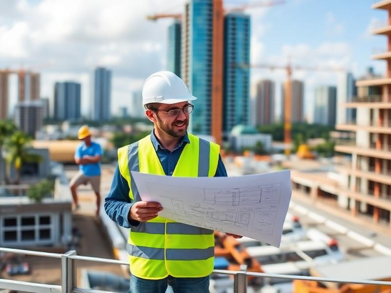 Engineers reviewing drawings on a commercial construction site
